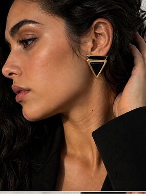 Vintage Stud Earrings Gold Black Triangle Omega Back Geometric